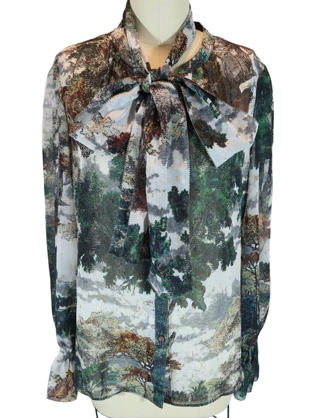 WHITE HOUSE BLACK MARKET Forest Dreamscape Sheer Blouse Size S Fairy Trees
